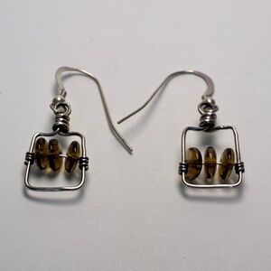 Sterling Silver Wire Amber Glass Bead Dangle Earrings